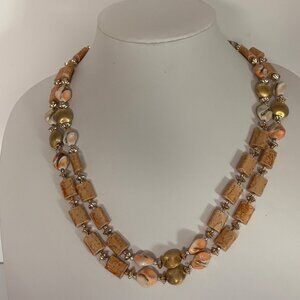 Vintage Double-Strand Beaded Necklace Earthy Peach Gold Tones Box Clasp Japan